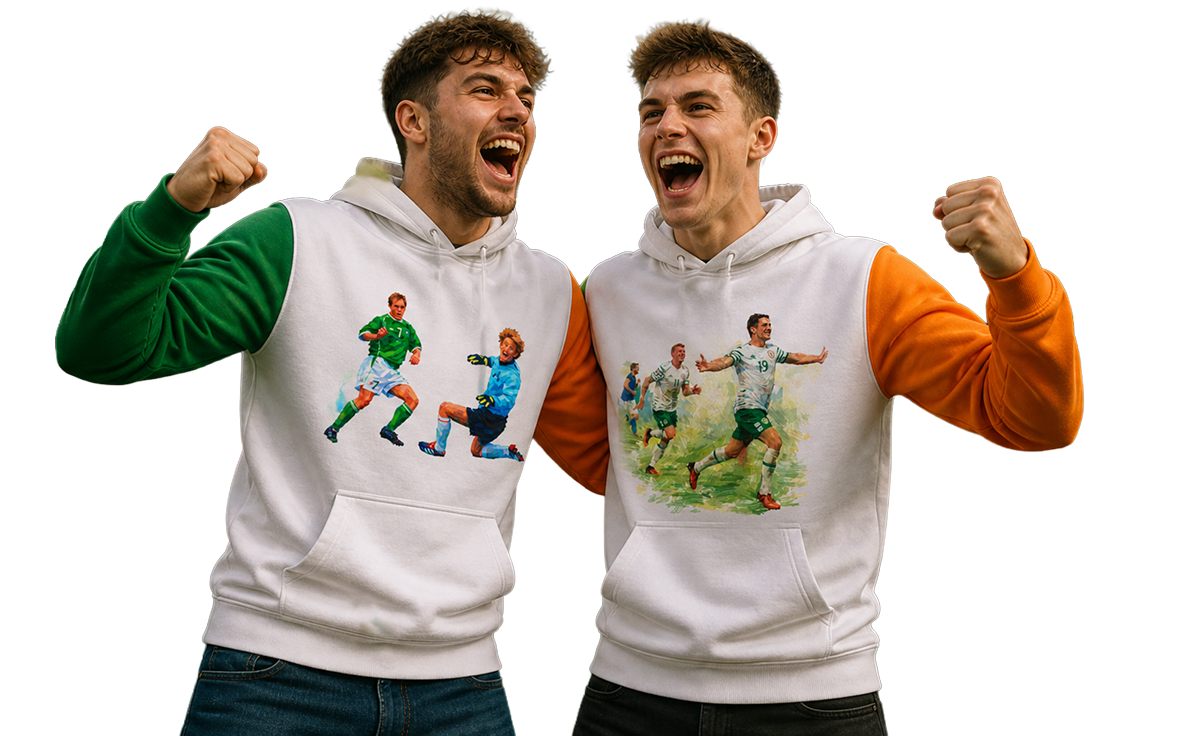 Two men wearing custom Irish sporting hoodies celebrating